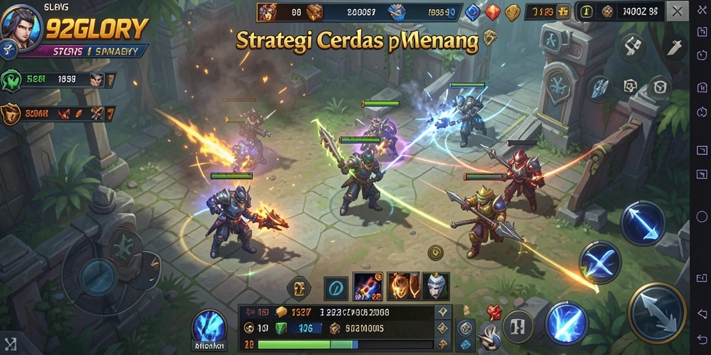 Screenshot antarmuka permainan <strong>92GLORY</strong> menunjukkan strategi pertempuran yang menegangkan.